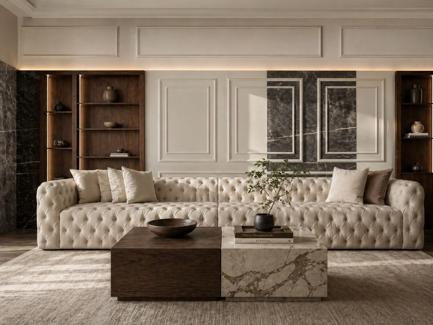 Living room: Panelled walls, open shelving and one stone slab doing the talking.