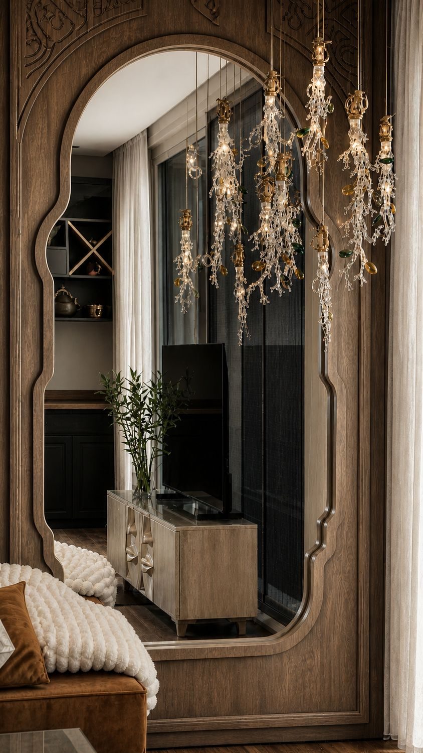 Arched mirror: A carved timber arch that turns a corridor wall into a room of its own.