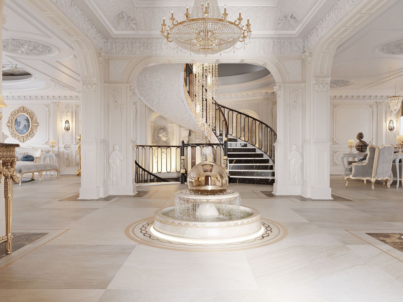 CFC: Entrance hall with the fountain and spiral stair